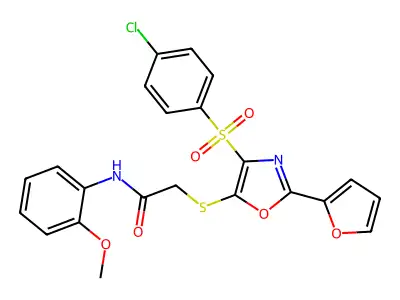 2-[[4-(4-chlorophenyl)sulfonyl-2-(furan-2-yl)-1,3-oxazol-5-yl]sulfanyl]-N-(2-methoxyphenyl)acetamide structure