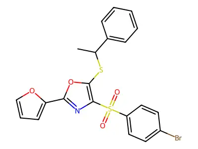 4-((4-Bromophenyl)sulfonyl)-2-(furan-2-yl)-5-((1-phenylethyl)thio)oxazole structure