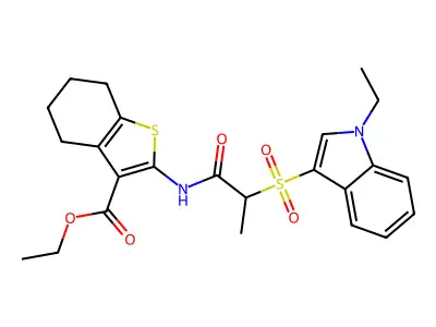 ethyl 2-(2-((1-ethyl-1H-indol-3-yl)sulfonyl)propanamido)-4,5,6,7-tetrahydrobenzo[b]thiophene-3-carboxylate structure