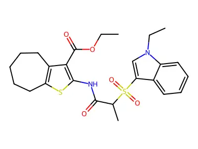 ethyl 2-(2-((1-ethyl-1H-indol-3-yl)sulfonyl)propanamido)-5,6,7,8-tetrahydro-4H-cyclohepta[b]thiophene-3-carboxylate structure