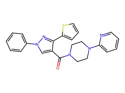 (1-Phenyl-3-(thiophen-2-yl)-1H-pyrazol-4-yl)(4-(pyridin-2-yl)piperazin-1-yl)methanone structure