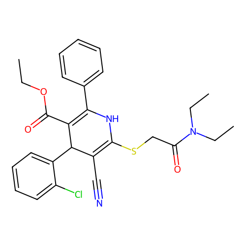 ethyl 4-(2-chlorophenyl)-5-cyano-6-((2-(diethylamino)-2-oxoethyl)thio)-2-phenyl-1,4-dihydropyridine-3-carboxylate structure