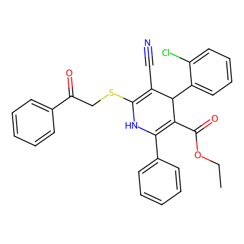 ethyl 4-(2-chlorophenyl)-5-cyano-6-[(2-oxo-2-phenylethyl)sulfanyl]-2-phenyl-1,4-dihydropyridine-3-carboxylate structure