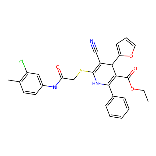 ethyl 6-((2-((3-chloro-4-methylphenyl)amino)-2-oxoethyl)thio)-5-cyano-4-(furan-2-yl)-2-phenyl-1,4-dihydropyridine-3-carboxylate structure