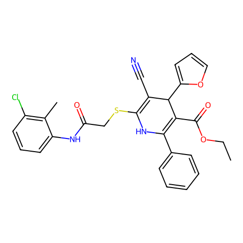 ethyl 6-((2-((3-chloro-2-methylphenyl)amino)-2-oxoethyl)thio)-5-cyano-4-(furan-2-yl)-2-phenyl-1,4-dihydropyridine-3-carboxylate structure