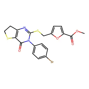 methyl 5-({[3-(4-bromophenyl)-4-oxo-3H,4H,6H,7H-thieno[3,2-d]pyrimidin-2-yl]sulfanyl}methyl)furan-2-carboxylate structure