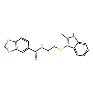N-[2-[(2-methyl-1H-indol-3-yl)sulfanyl]ethyl]-1,3-benzodioxole-5-carboxamide structure