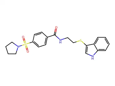 N-(2-((1H-indol-3-yl)thio)ethyl)-4-(pyrrolidin-1-ylsulfonyl)benzamide structure