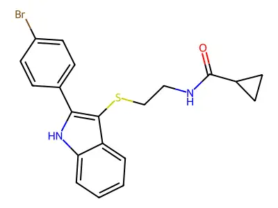 N-(2-{[2-(4-bromophenyl)-1H-indol-3-yl]sulfanyl}ethyl)cyclopropanecarboxamide structure