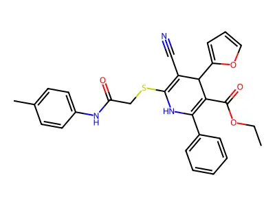 ethyl 5-cyano-4-(furan-2-yl)-6-((2-oxo-2-(p-tolylamino)ethyl)thio)-2-phenyl-1,4-dihydropyridine-3-carboxylate structure
