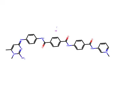 Pyrimidinium, 2-amino-1,6-dimethyl-4-(p-(p-((p-((1-methylpyridinium-3-yl)carbamoyl)phenyl)carbamoyl)benzamido)anilino)-, diiodide structure