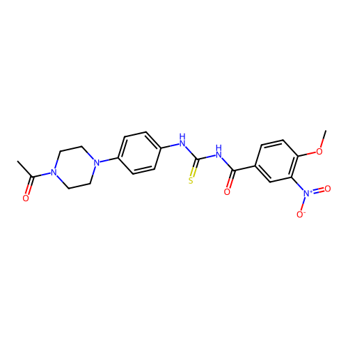 N-((4-(4-acetylpiperazin-1-yl)phenyl)carbamothioyl)-4-methoxy-3-nitrobenzamide structure
