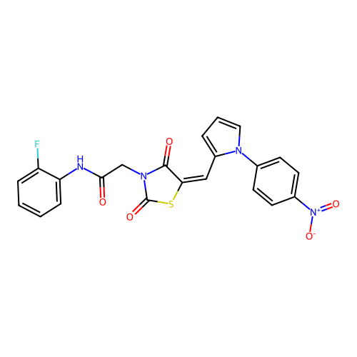 N-(2-fluorophenyl)-2-[(5E)-5-[[1-(4-nitrophenyl)pyrrol-2-yl]methylidene]-2,4-dioxo-1,3-thiazolidin-3-yl]acetamide structure