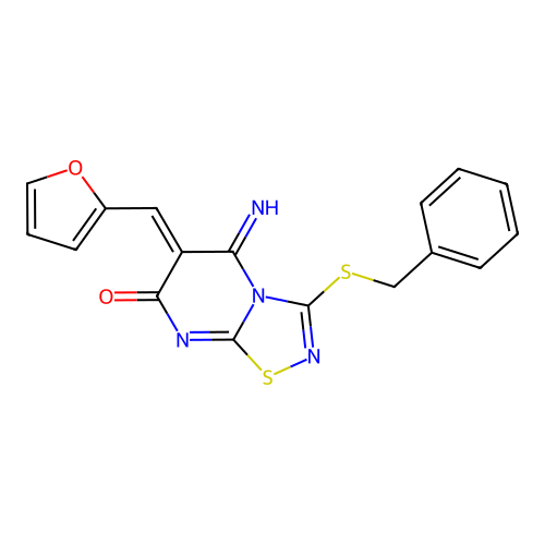(6Z)-3-(benzylsulfanyl)-6-(furan-2-ylmethylidene)-5-imino-5,6-dihydro-7H-[1,2,4]thiadiazolo[4,5-a]pyrimidin-7-one structure