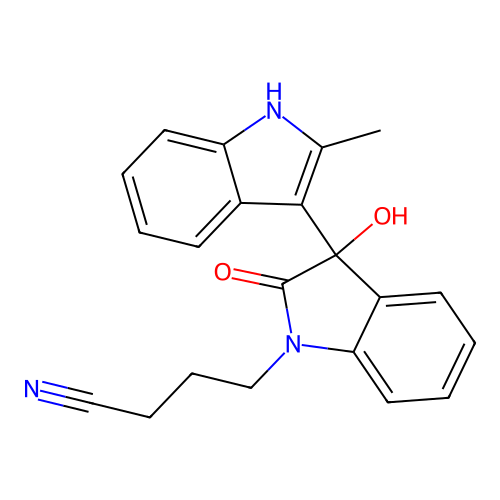 4-(3-hydroxy-2'-methyl-2-oxo-2,3-dihydro-1H,1'H-3,3'-biindol-1-yl)butanenitrile structure