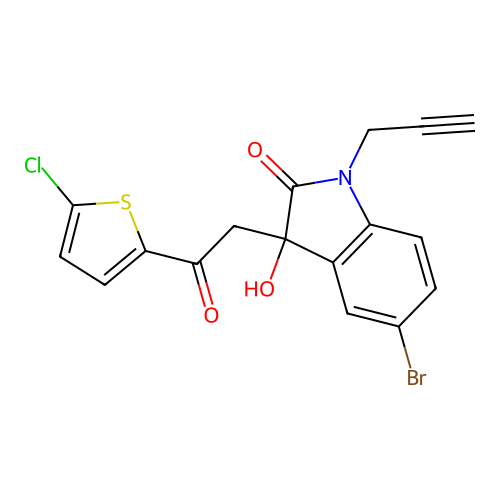5-bromo-3-[2-(5-chlorothiophen-2-yl)-2-oxoethyl]-3-hydroxy-1-(prop-2-yn-1-yl)-1,3-dihydro-2H-indol-2-one structure