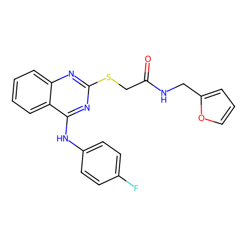2-[4-(4-fluoroanilino)quinazolin-2-yl]sulfanyl-N-(furan-2-ylmethyl)acetamide structure