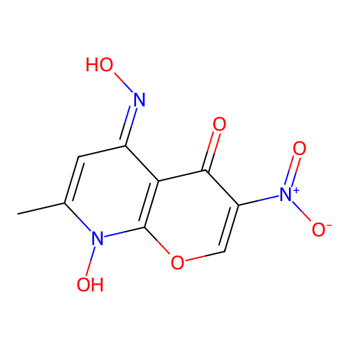 (5E)-8-hydroxy-5-hydroxyimino-7-methyl-3-nitropyrano[2,3-b]pyridin-4-one structure