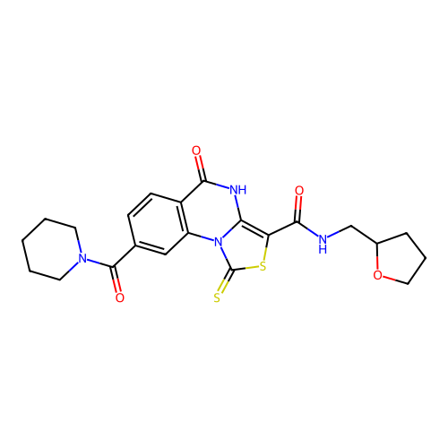 5-oxo-8-(piperidin-1-ylcarbonyl)-N-(tetrahydrofuran-2-ylmethyl)-1-thioxo-4,5-dihydro[1,3]thiazolo[3,4-a]quinazoline-3-carboxamide structure