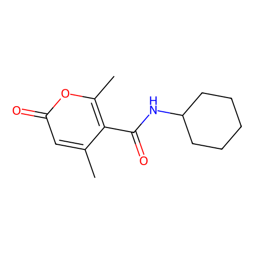 N-cyclohexyl-2,4-dimethyl-6-oxopyran-3-carboxamide structure