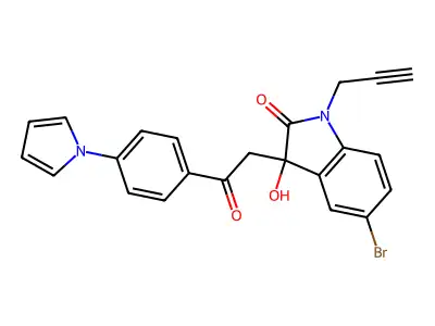 5-bromo-3-hydroxy-3-[2-oxo-2-(4-pyrrol-1-ylphenyl)ethyl]-1-prop-2-ynylindol-2-one structure