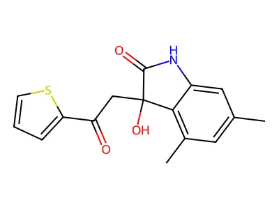 3-hydroxy-4,6-dimethyl-3-(2-oxo-2-thiophen-2-ylethyl)-1H-indol-2-one structure