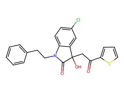 5-chloro-3-hydroxy-3-(2-oxo-2-thiophen-2-ylethyl)-1-phenethylindol-2-one structure