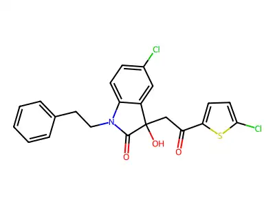 5-chloro-3-[2-(5-chlorothiophen-2-yl)-2-oxoethyl]-3-hydroxy-1-(2-phenylethyl)-1,3-dihydro-2H-indol-2-one structure