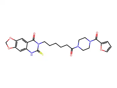 7-[6-[4-(furan-2-carbonyl)piperazin-1-yl]-6-oxohexyl]-6-sulfanylidene-5H-[1,3]dioxolo[4,5-g]quinazolin-8-one structure
