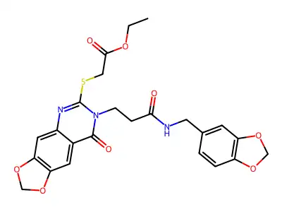 ethyl 2-{[7-(2-{[(2H-1,3-benzodioxol-5-yl)methyl]carbamoyl}ethyl)-8-oxo-2H,7H,8H-[1,3]dioxolo[4,5-g]quinazolin-6-yl]sulfanyl}acetate structure