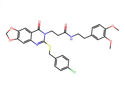 3-(6-{[(4-chlorophenyl)methyl]sulfanyl}-8-oxo-2H,7H,8H-[1,3]dioxolo[4,5-g]quinazolin-7-yl)-N-[2-(3,4-dimethoxyphenyl)ethyl]propanamide structure