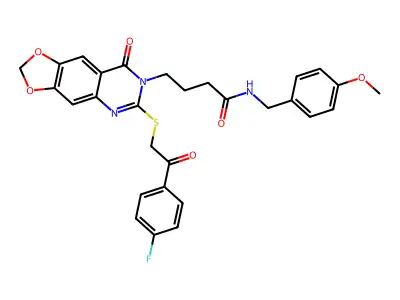 4-(6-{[2-(4-fluorophenyl)-2-oxoethyl]sulfanyl}-8-oxo-2H,7H,8H-[1,3]dioxolo[4,5-g]quinazolin-7-yl)-N-[(4-methoxyphenyl)methyl]butanamide structure