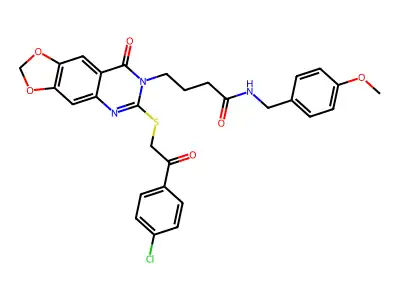 4-(6-{[2-(4-chlorophenyl)-2-oxoethyl]sulfanyl}-8-oxo-2H,7H,8H-[1,3]dioxolo[4,5-g]quinazolin-7-yl)-N-[(4-methoxyphenyl)methyl]butanamide structure