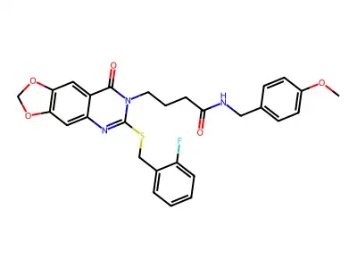 4-(6-{[(2-fluorophenyl)methyl]sulfanyl}-8-oxo-2H,7H,8H-[1,3]dioxolo[4,5-g]quinazolin-7-yl)-N-[(4-methoxyphenyl)methyl]butanamide structure