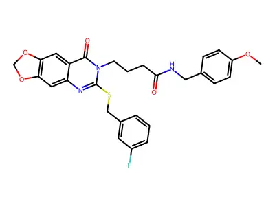 4-(6-{[(3-fluorophenyl)methyl]sulfanyl}-8-oxo-2H,7H,8H-[1,3]dioxolo[4,5-g]quinazolin-7-yl)-N-[(4-methoxyphenyl)methyl]butanamide structure
