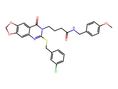 4-(6-{[(3-chlorophenyl)methyl]sulfanyl}-8-oxo-2H,7H,8H-[1,3]dioxolo[4,5-g]quinazolin-7-yl)-N-[(4-methoxyphenyl)methyl]butanamide structure