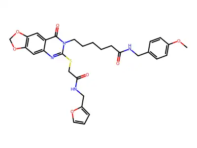 6-{6-[({[(furan-2-yl)methyl]carbamoyl}methyl)sulfanyl]-8-oxo-2H,7H,8H-[1,3]dioxolo[4,5-g]quinazolin-7-yl}-N-[(4-methoxyphenyl)methyl]hexanamide structure