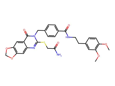 4-({6-[(carbamoylmethyl)sulfanyl]-8-oxo-2H,7H,8H-[1,3]dioxolo[4,5-g]quinazolin-7-yl}methyl)-N-[2-(3,4-dimethoxyphenyl)ethyl]benzamide structure