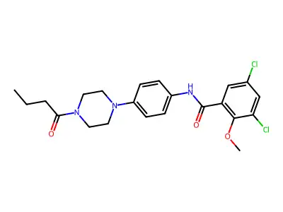 N-[4-(4-butanoylpiperazin-1-yl)phenyl]-3,5-dichloro-2-methoxybenzamide structure