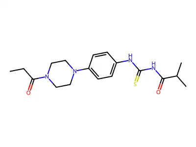 2-methyl-N-[[4-(4-propanoylpiperazin-1-yl)phenyl]carbamothioyl]propanamide structure