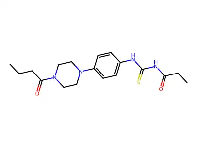 N-[[4-(4-butanoylpiperazin-1-yl)phenyl]carbamothioyl]propanamide structure