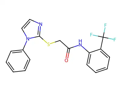 2-(1-phenylimidazol-2-yl)sulfanyl-N-[2-(trifluoromethyl)phenyl]acetamide structure