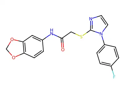 N-(1,3-benzodioxol-5-yl)-2-[1-(4-fluorophenyl)imidazol-2-yl]sulfanylacetamide structure