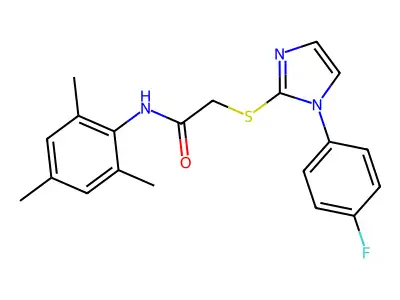 2-[1-(4-fluorophenyl)imidazol-2-yl]sulfanyl-N-(2,4,6-trimethylphenyl)acetamide structure