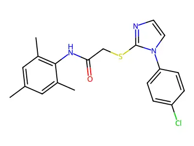 2-[1-(4-chlorophenyl)imidazol-2-yl]sulfanyl-N-(2,4,6-trimethylphenyl)acetamide structure