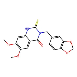 3-(1,3-benzodioxol-5-ylmethyl)-6,7-dimethoxy-2-thioxo-2,3-dihydroquinazolin-4(1H)-one structure