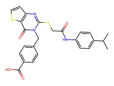 4-[[4-oxo-2-[2-oxo-2-(4-propan-2-ylanilino)ethyl]sulfanylthieno[3,2-d]pyrimidin-3-yl]methyl]benzoic acid structure