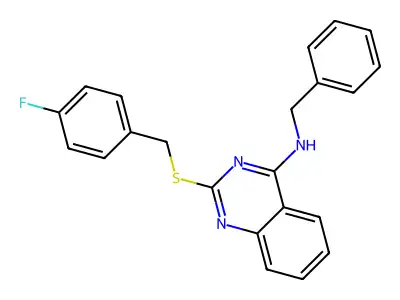 N-benzyl-2-[(4-fluorophenyl)methylsulfanyl]quinazolin-4-amine structure