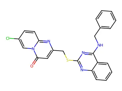 2-({[4-(benzylamino)quinazolin-2-yl]sulfanyl}methyl)-7-chloro-4H-pyrido[1,2-a]pyrimidin-4-one structure