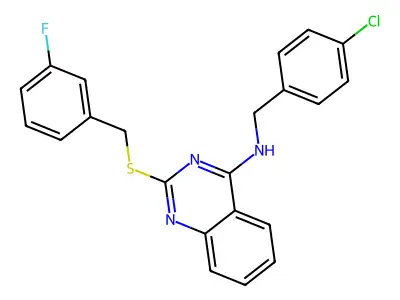 N-[(4-chlorophenyl)methyl]-2-[(3-fluorophenyl)methylsulfanyl]quinazolin-4-amine structure